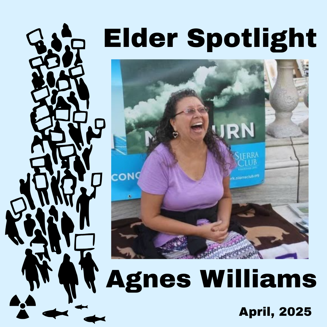 A graphic with a photo of an older woman in a bright purple shirt and skirt laughing. The background is a light blue. Text above the photo in black bolded font reads "Elder Spotlight". Same textface below photo reads: "Agnes Williams, April 2025"