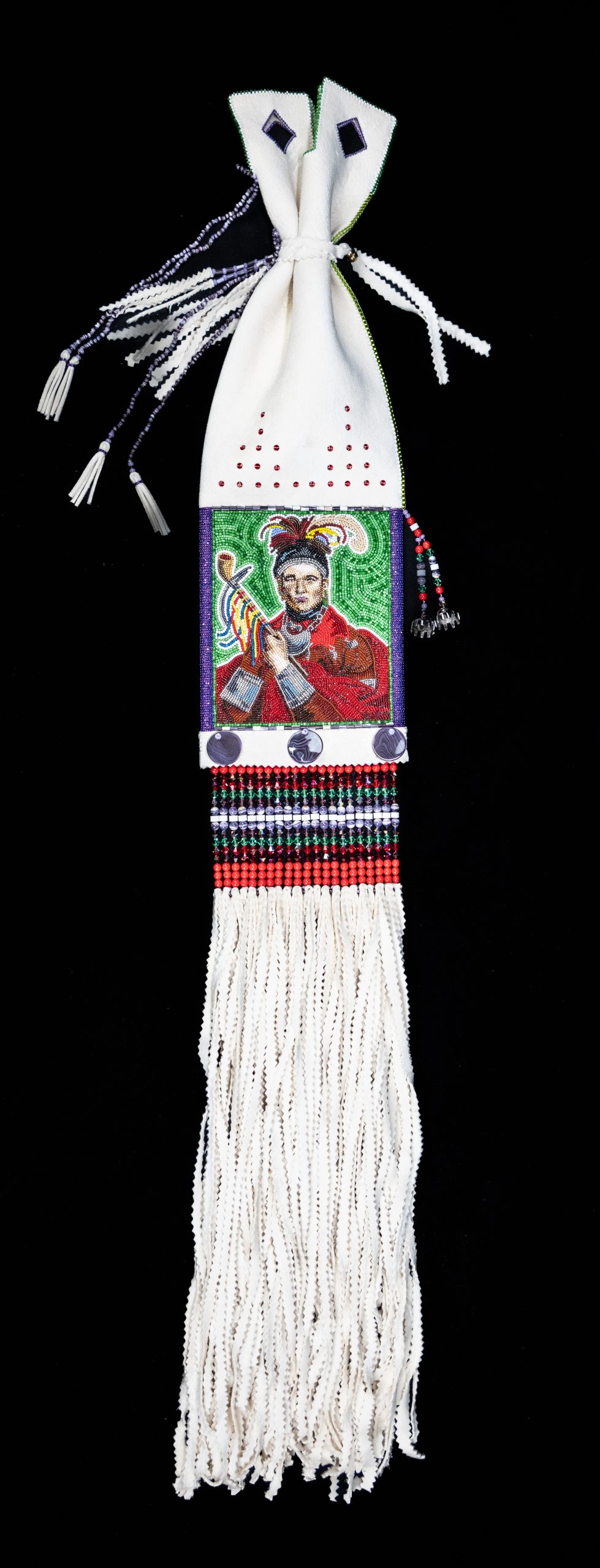 A bag with Cornplanter's portrait made from miniature beads.