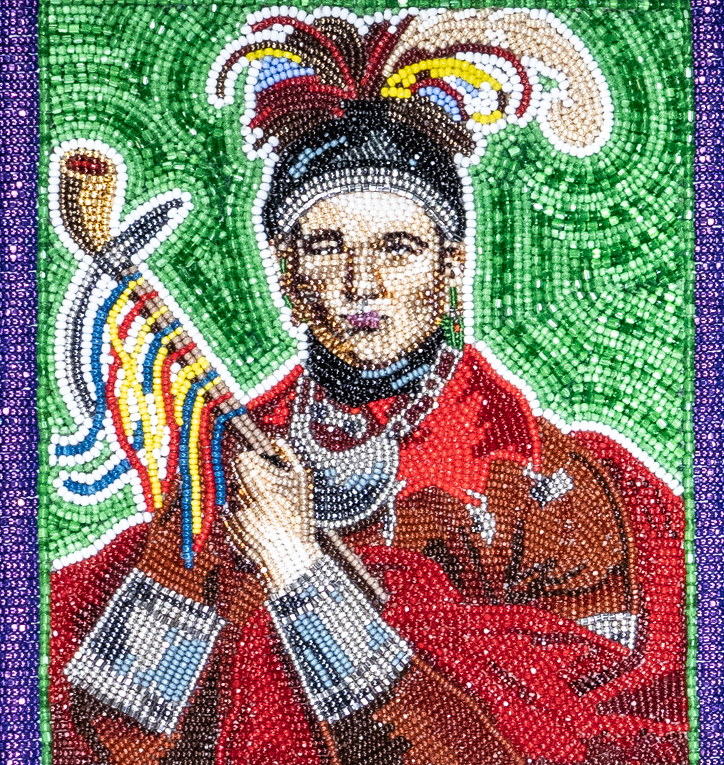 A bag with Cornplanter's portrait made from miniature beads.