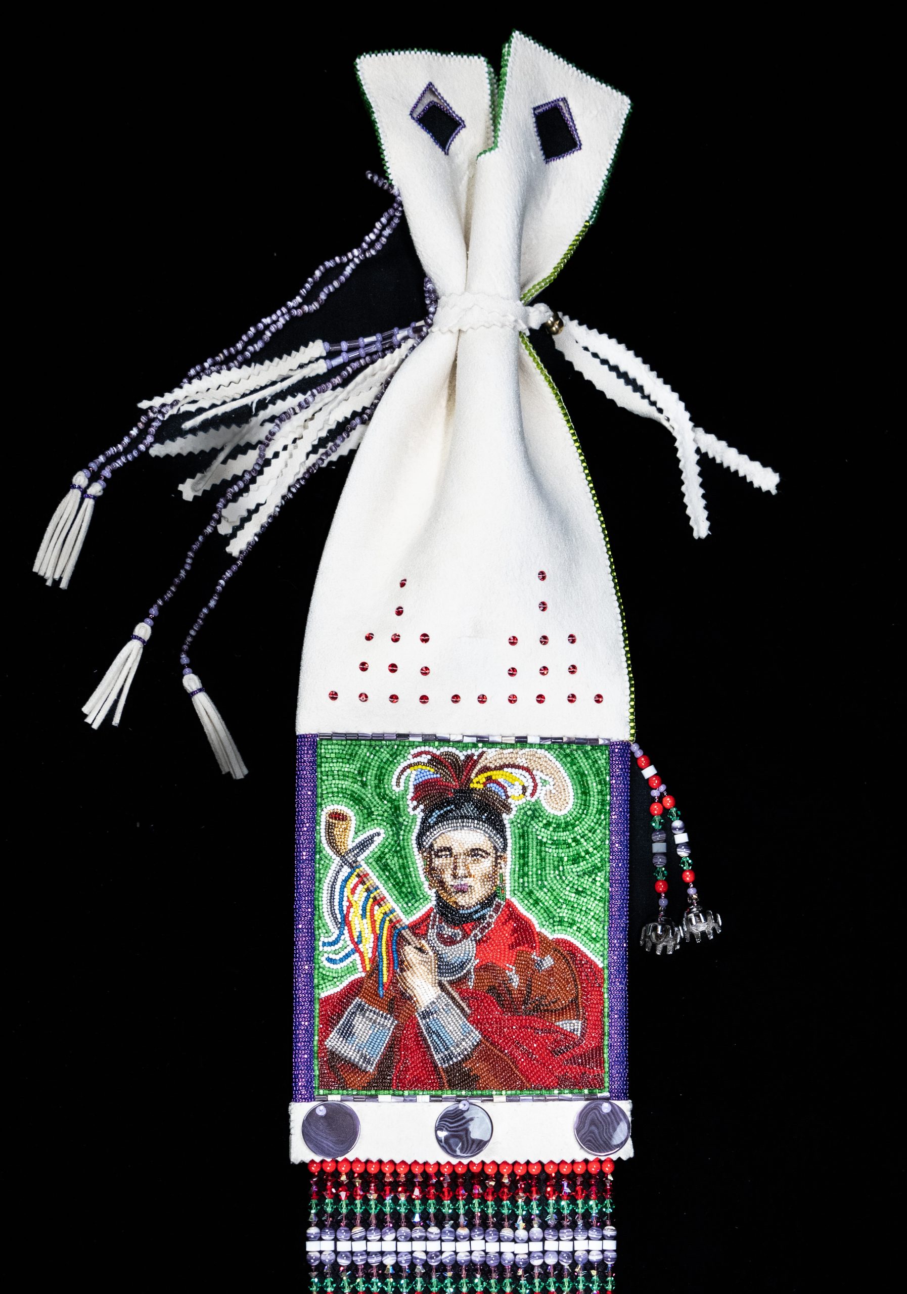 A bag with Cornplanter's portrait made from miniature beads.
