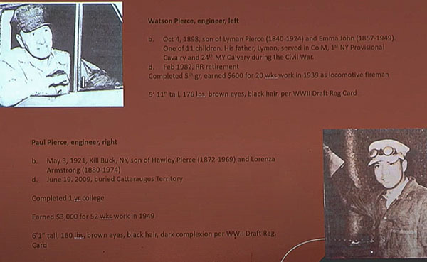 Screenshot of a slide from Jare Cardinal's powerpoint presentation. The slide has two images of individual railroad workers one in upper left one in bottom right with accompanying information.