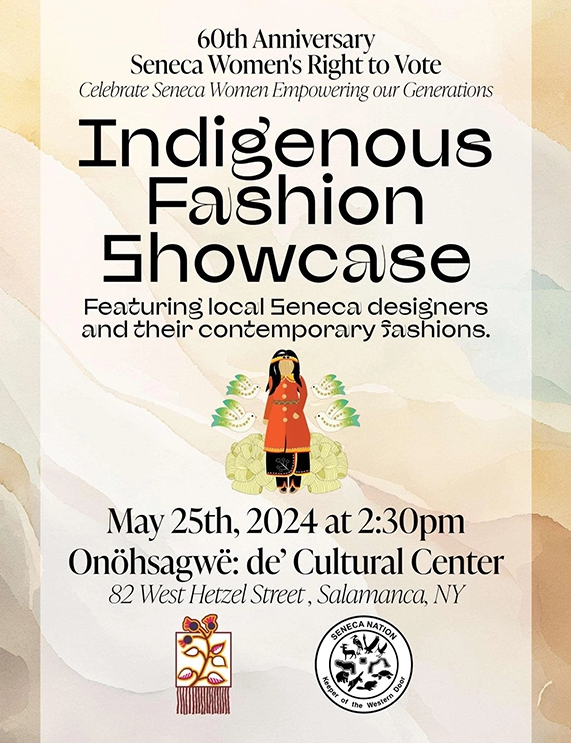 A flyer for the Indigenous Fashion Showcase with Tami Watt's design of the cornhusk doll in center and informational text regarding logistics beneath the graphic.