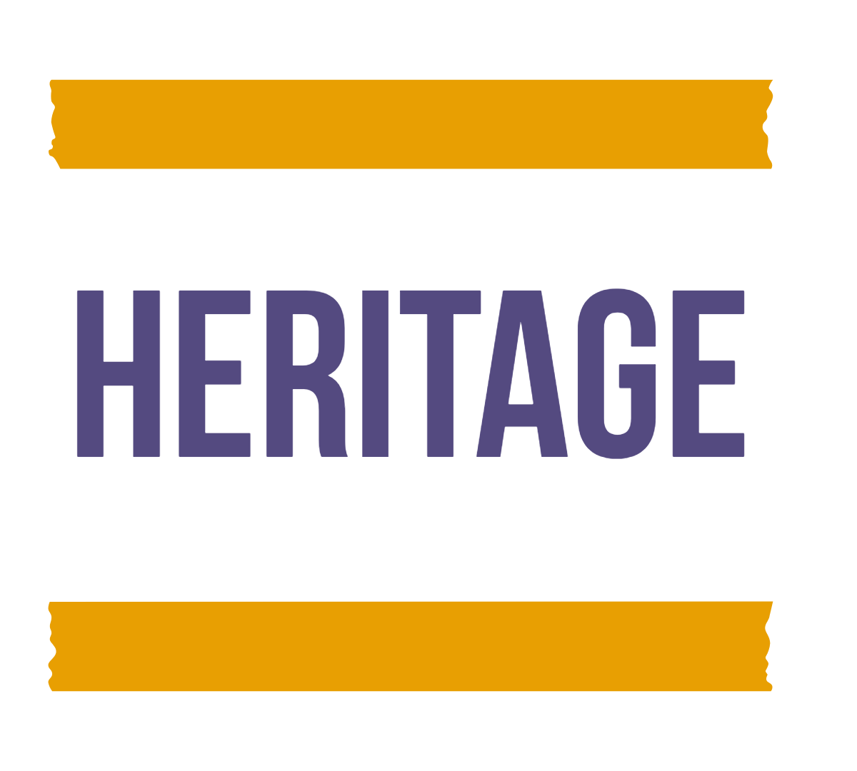 The text is bold and purple and says the word heritage with two yellow paintstrokes framing the top and bottom.