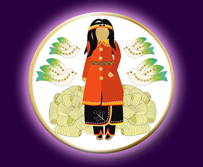 Graphic of a corn husk doll with a red dress and corn husk flowers by her feet. Two humming birds face toward her on both sides. The image is framed in a circle and radiating from the circle is a deep purple background.